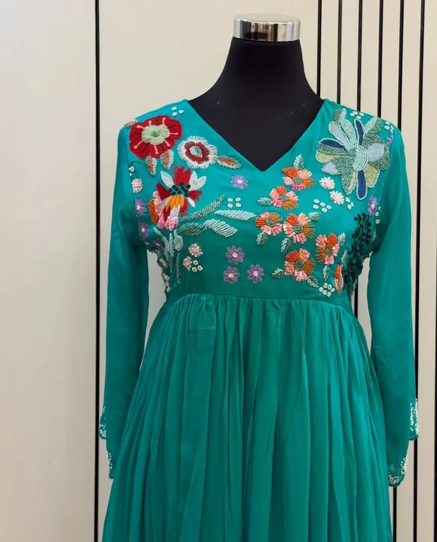 Teal Green Georgette Flared Anarkali Gown | Handcrafted Multicolor Thread & Bead Embroidered Ethnic Maxi Dress