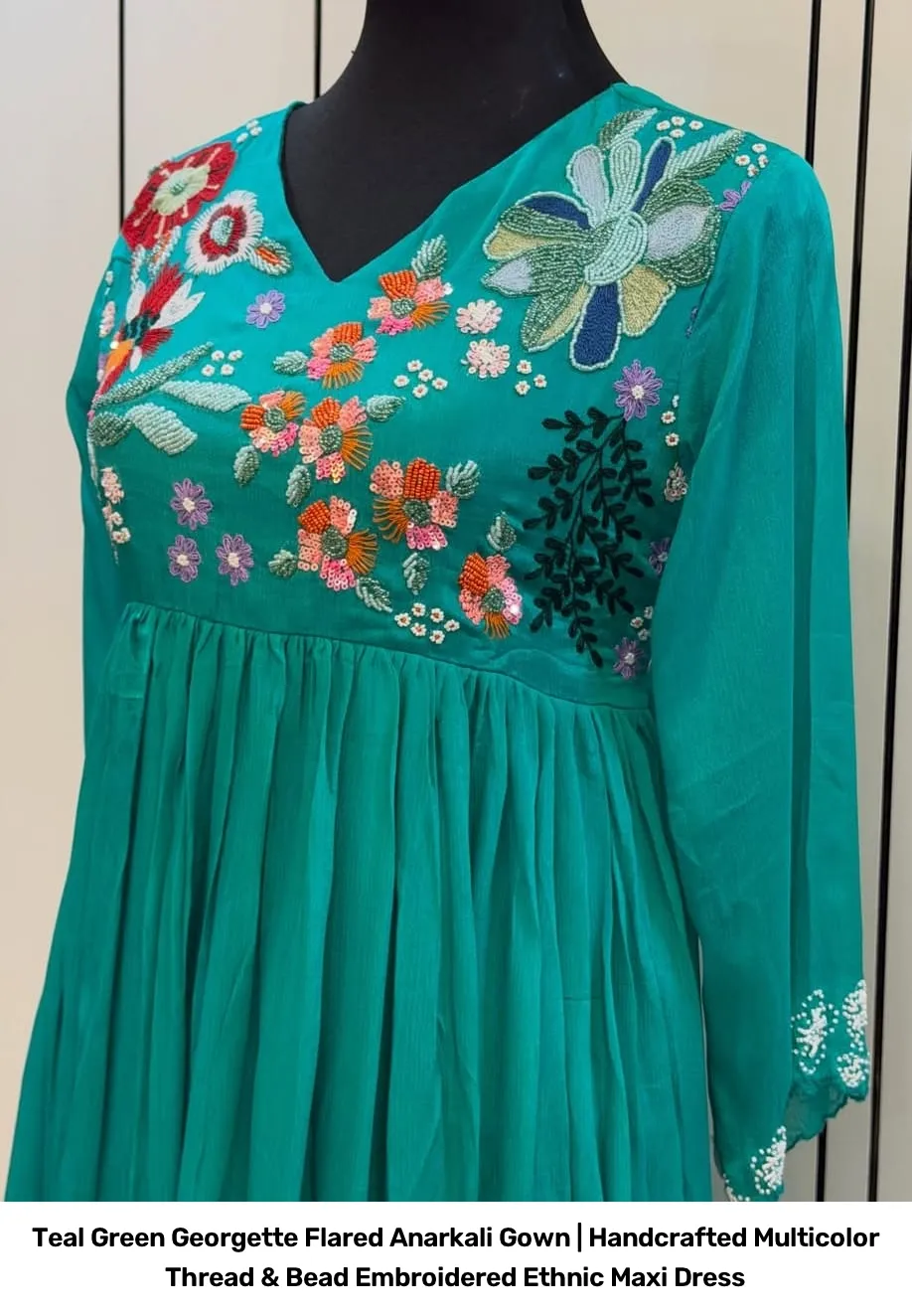 Teal Green Georgette Flared Anarkali Gown | Handcrafted Multicolor Thread & Bead Embroidered Ethnic Maxi Dress 3