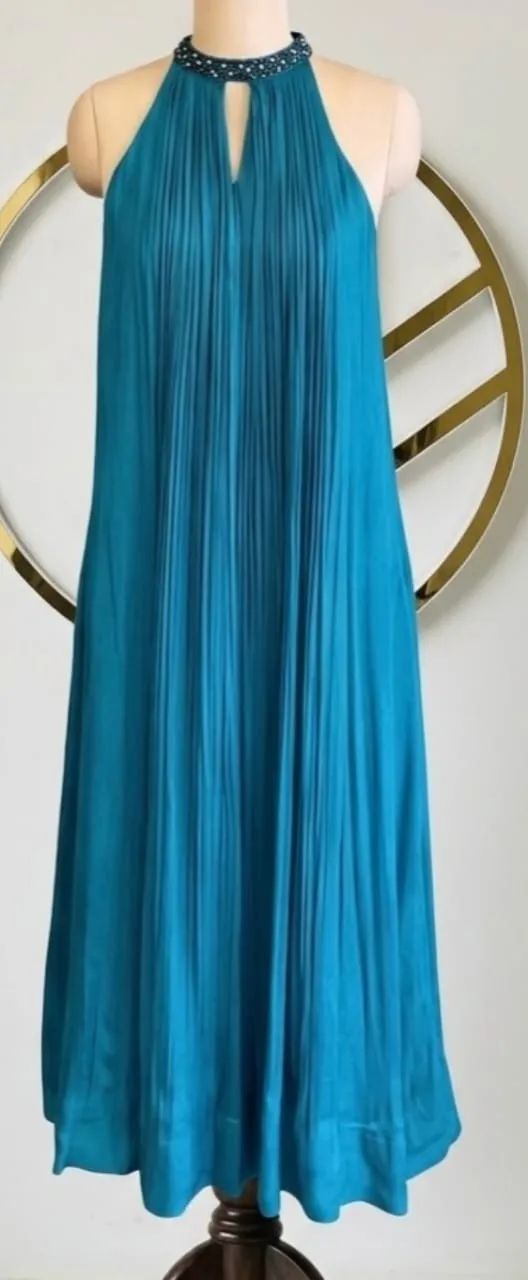 Teal Halter Neck Embellished Pleated Dress