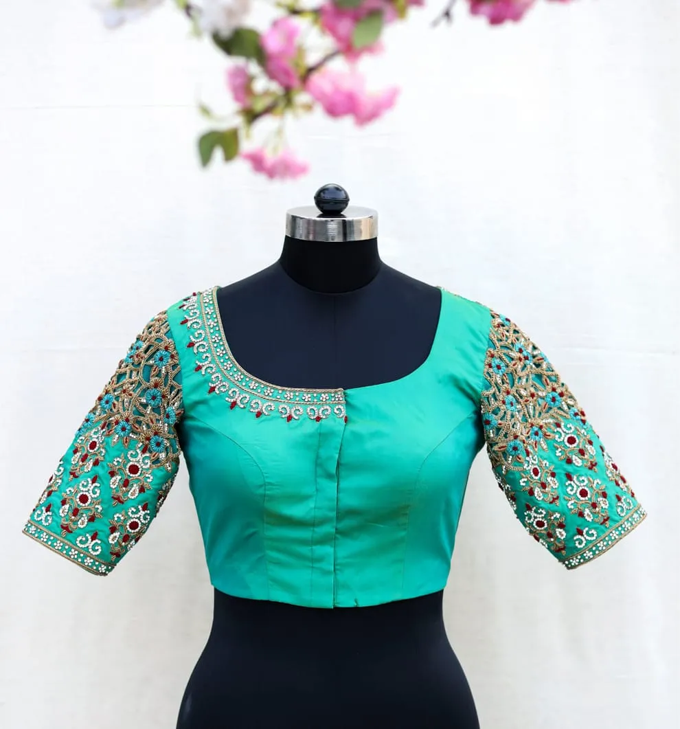 Teal Heavy Embroidered Maggam Blouse 1