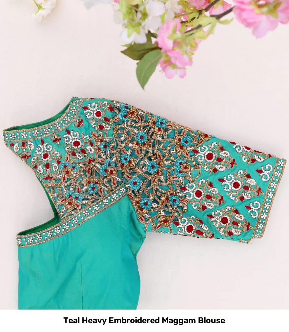 Teal Heavy Embroidered Maggam Blouse 2
