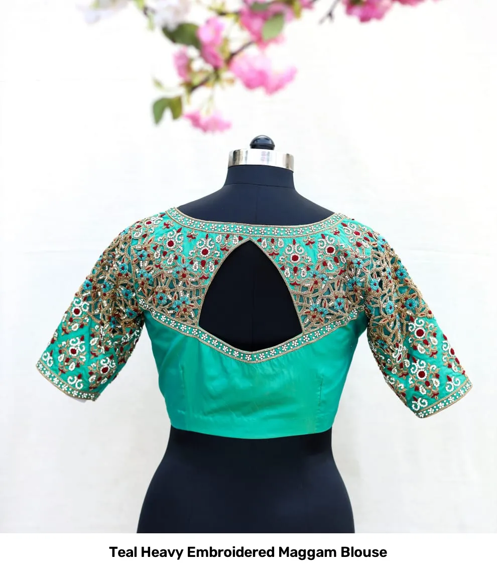 Teal Heavy Embroidered Maggam Blouse 3