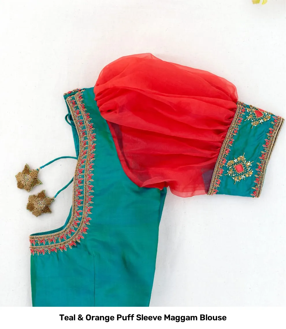 Teal & Orange Puff Sleeve Maggam Blouse 2