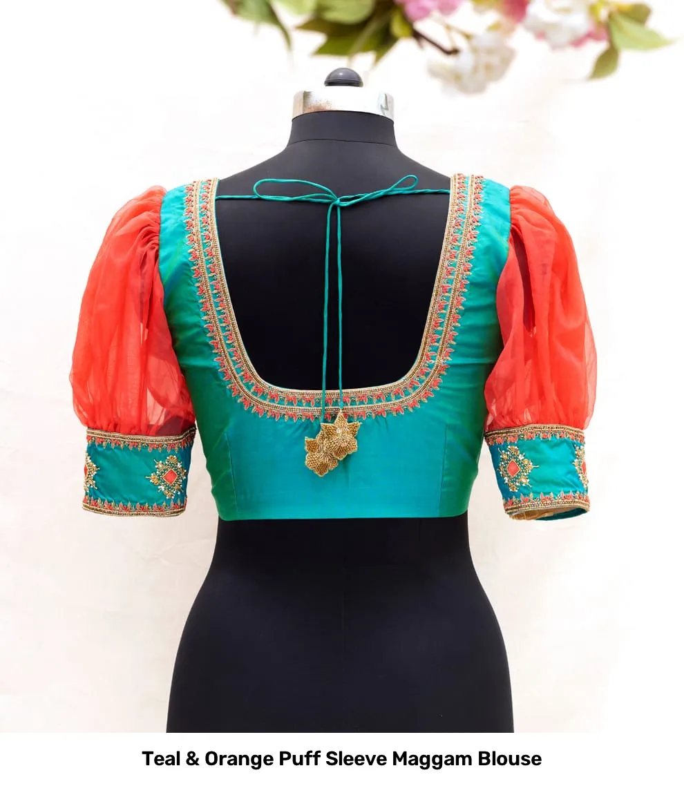 Teal & Orange Puff Sleeve Maggam Blouse 3