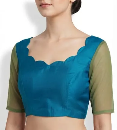 Teal Scallop Neck Contrast Sleeve Blouse