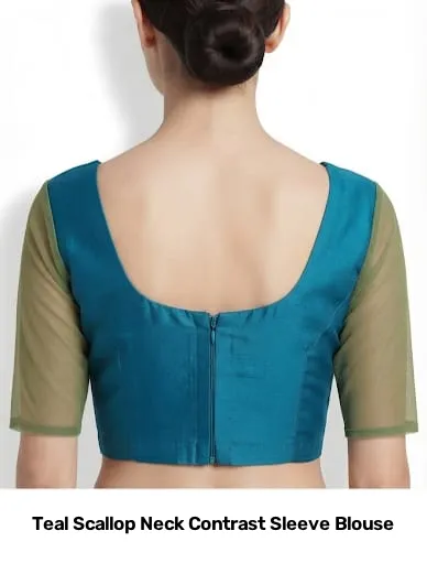 Teal Scallop Neck Contrast Sleeve Blouse 2