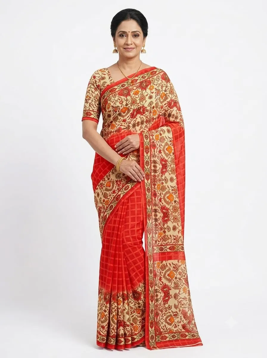Tomato Red Lightweight Chiffon Saree – Traditional Beige Floral Border with Unstitched Blouse Piece