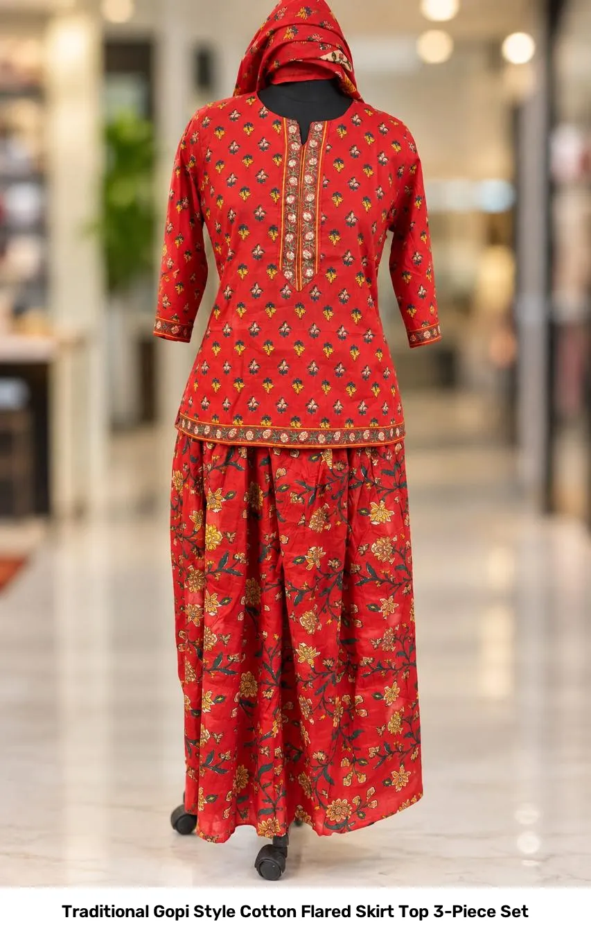 Traditional Gopi Style Cotton Flared Skirt Top 3-Piece Set 10