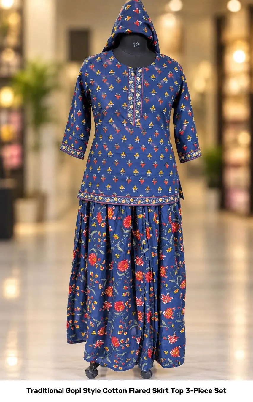 Traditional Gopi Style Cotton Flared Skirt Top 3-Piece Set 11