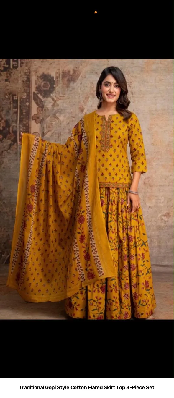 Traditional Gopi Style Cotton Flared Skirt Top 3-Piece Set 12