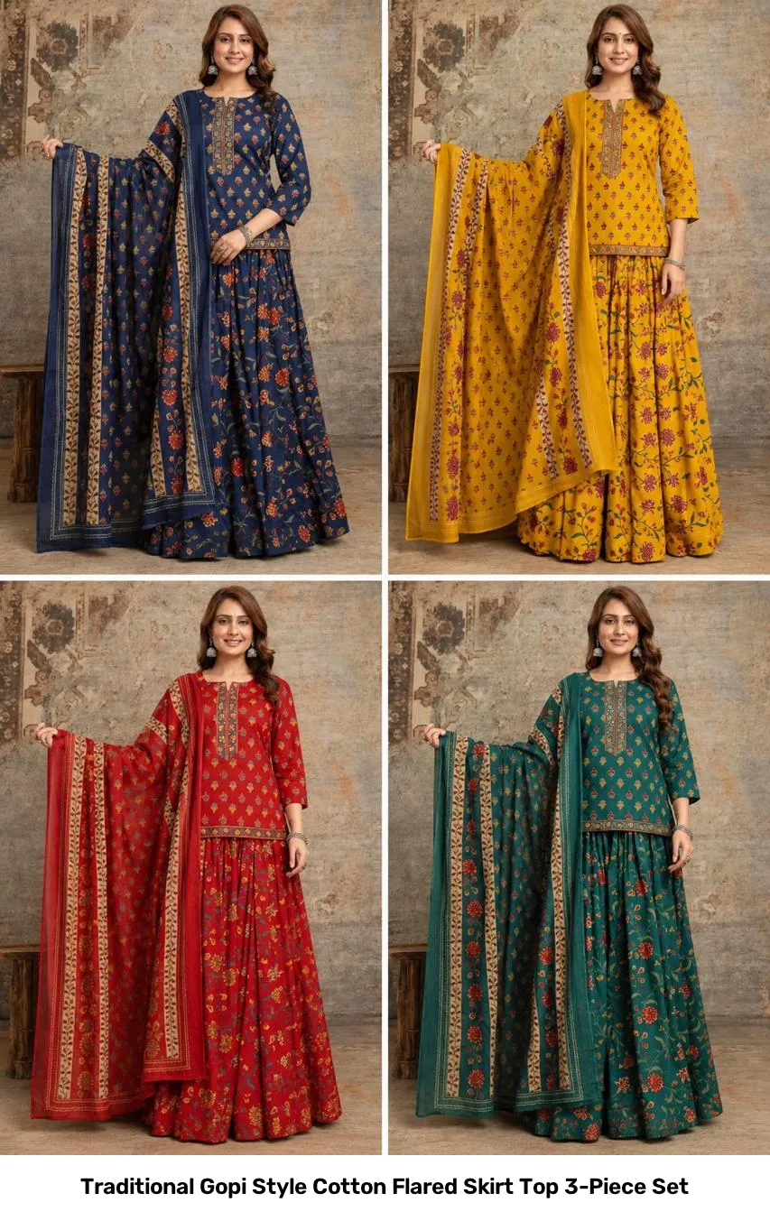 Traditional Gopi Style Cotton Flared Skirt Top 3-Piece Set 2