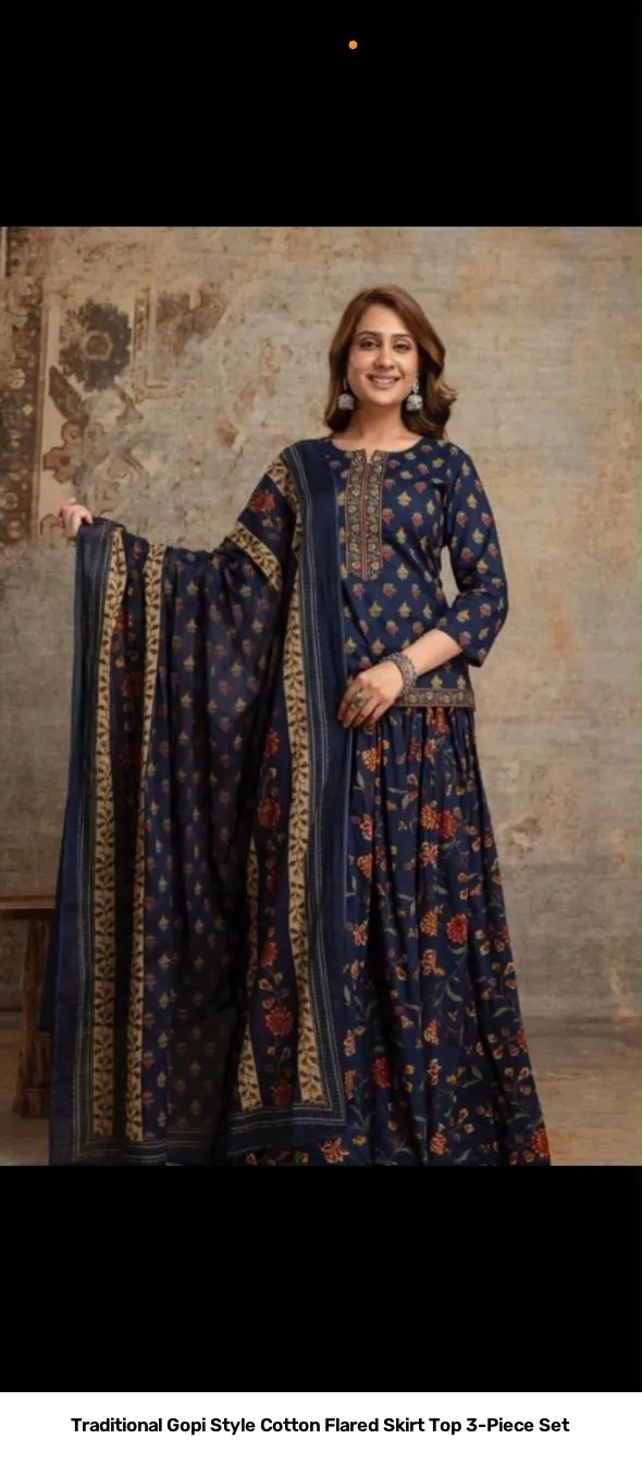 Traditional Gopi Style Cotton Flared Skirt Top 3-Piece Set 3