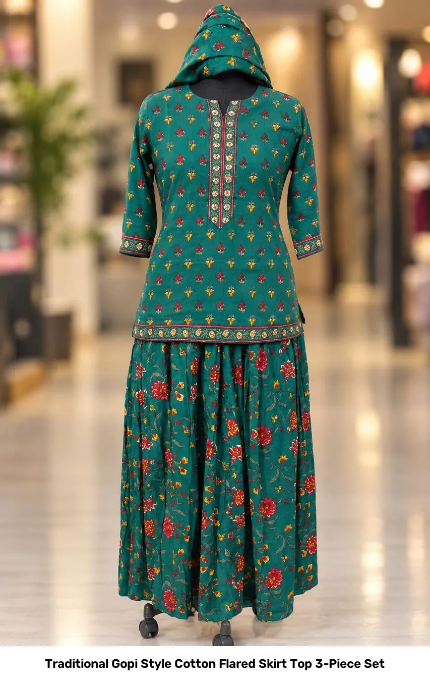 Traditional Gopi Style Cotton Flared Skirt Top 3-Piece Set 4