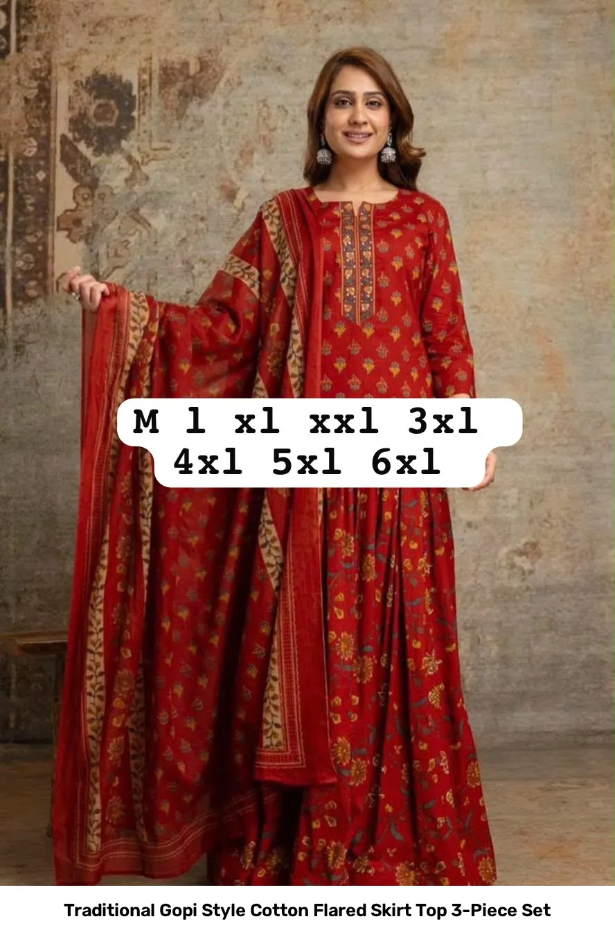 Traditional Gopi Style Cotton Flared Skirt Top 3-Piece Set 5
