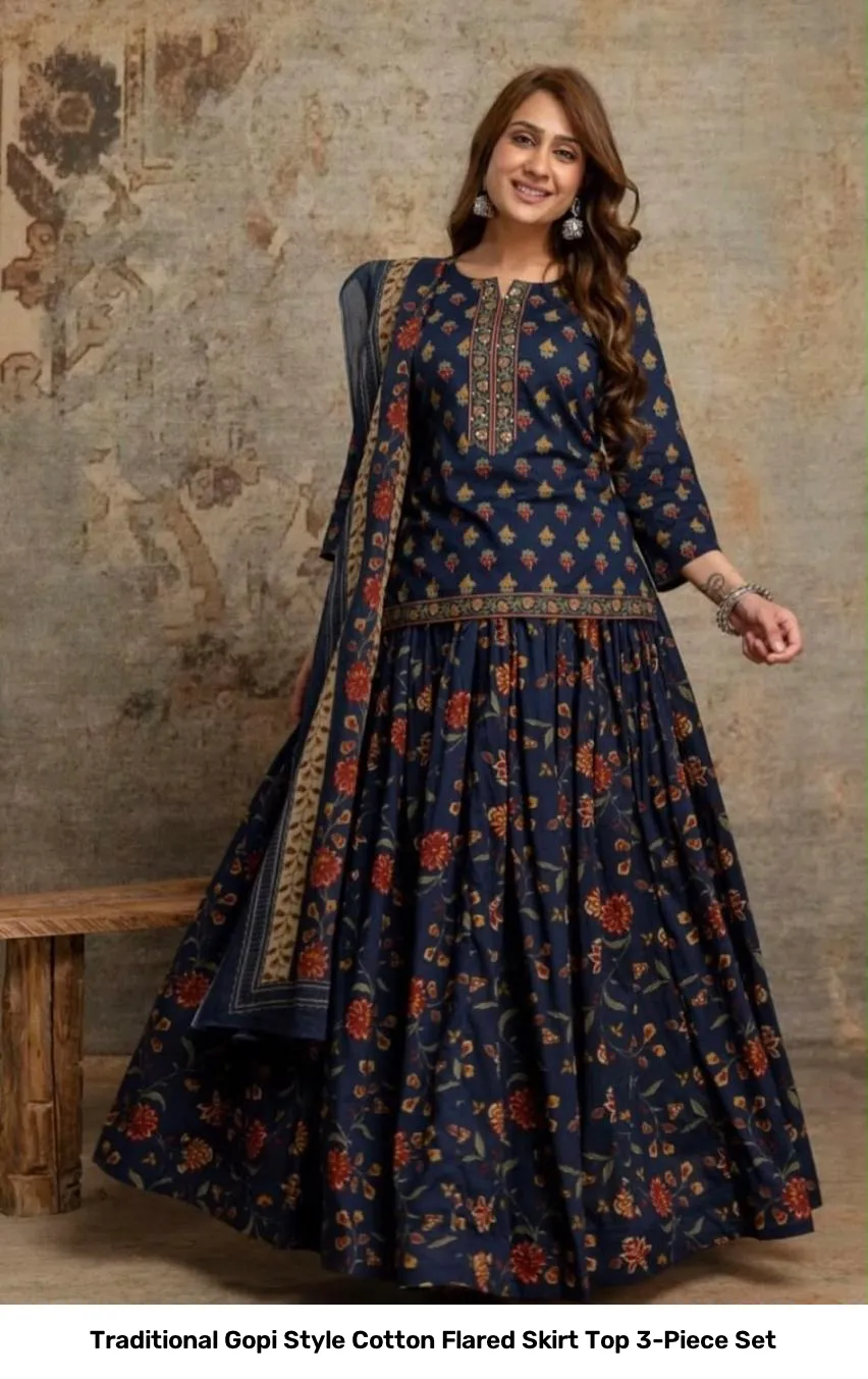 Traditional Gopi Style Cotton Flared Skirt Top 3-Piece Set 6