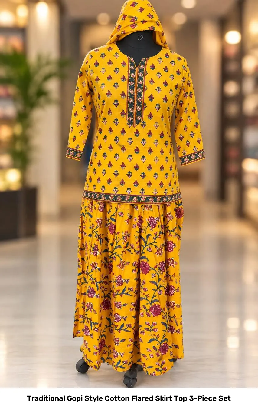 Traditional Gopi Style Cotton Flared Skirt Top 3-Piece Set 7