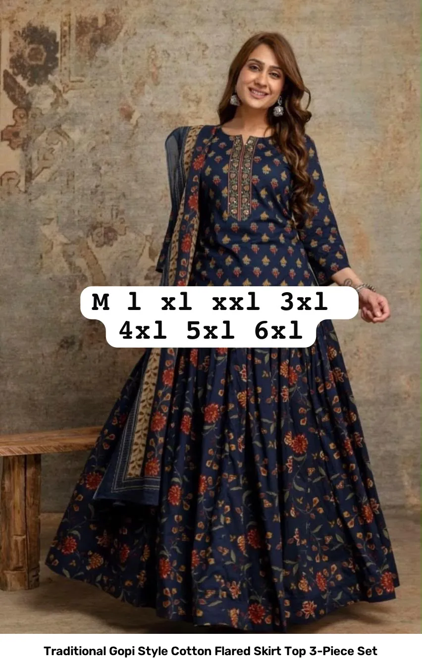 Traditional Gopi Style Cotton Flared Skirt Top 3-Piece Set 8