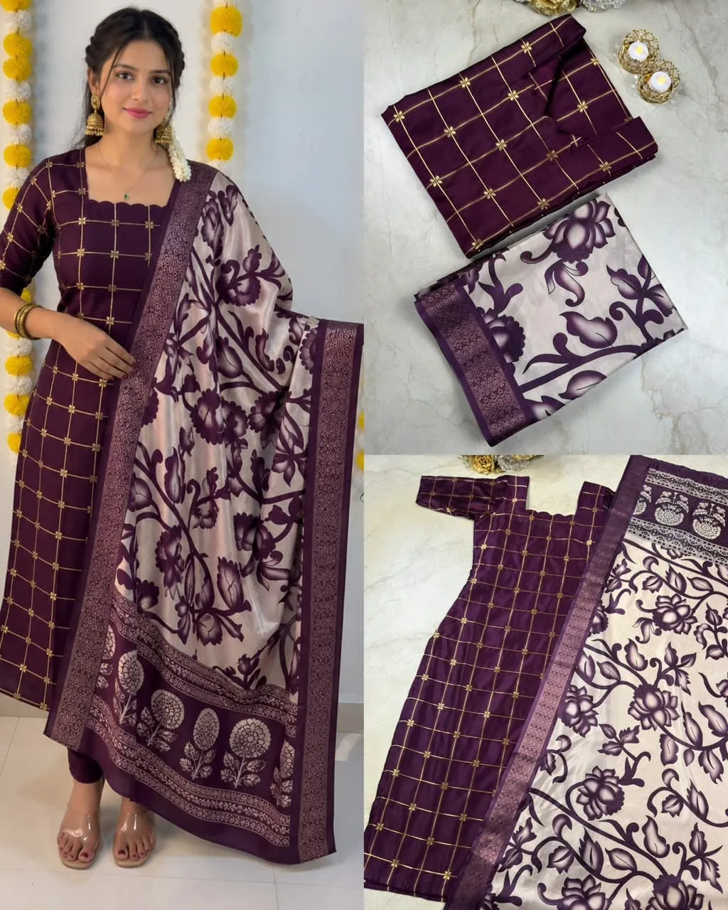 Traditional Zari Check Weaving Silk Cotton Kurti with Chennuri Silk Kalamkari Dupatta Set (S–5XL)