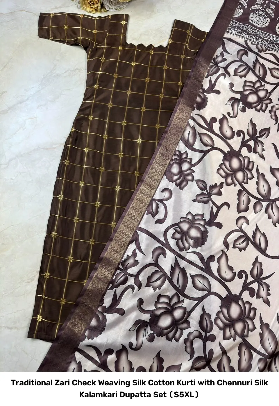 Traditional Zari Check Weaving Silk Cotton Kurti with Chennuri Silk Kalamkari Dupatta Set (S–5XL) 10