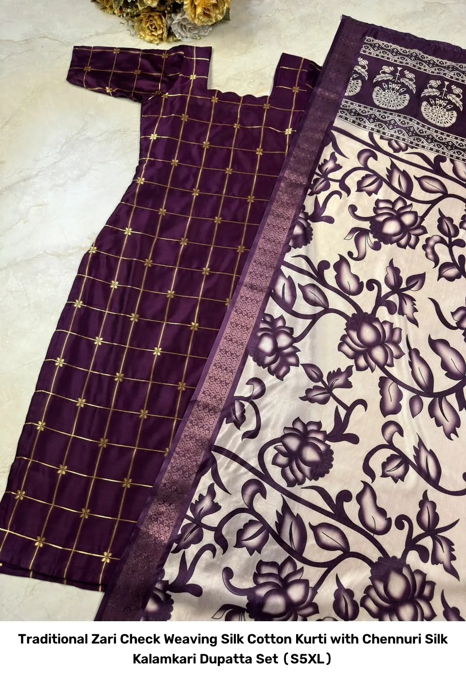 Traditional Zari Check Weaving Silk Cotton Kurti with Chennuri Silk Kalamkari Dupatta Set (S–5XL) 11