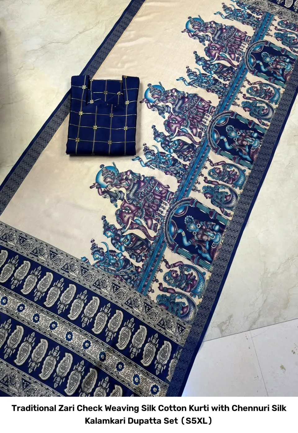 Traditional Zari Check Weaving Silk Cotton Kurti with Chennuri Silk Kalamkari Dupatta Set (S–5XL) 12