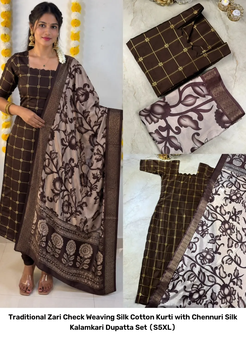 Traditional Zari Check Weaving Silk Cotton Kurti with Chennuri Silk Kalamkari Dupatta Set (S–5XL) 13