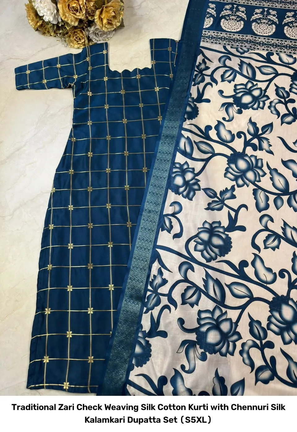 Traditional Zari Check Weaving Silk Cotton Kurti with Chennuri Silk Kalamkari Dupatta Set (S–5XL) 14
