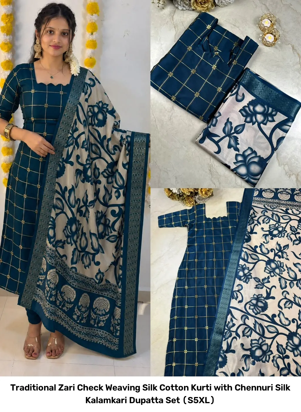 Traditional Zari Check Weaving Silk Cotton Kurti with Chennuri Silk Kalamkari Dupatta Set (S–5XL) 15