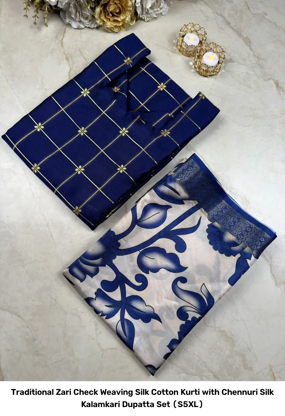 Traditional Zari Check Weaving Silk Cotton Kurti with Chennuri Silk Kalamkari Dupatta Set (S–5XL) 16