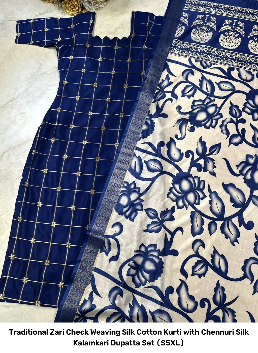 Traditional Zari Check Weaving Silk Cotton Kurti with Chennuri Silk Kalamkari Dupatta Set (S–5XL) 3