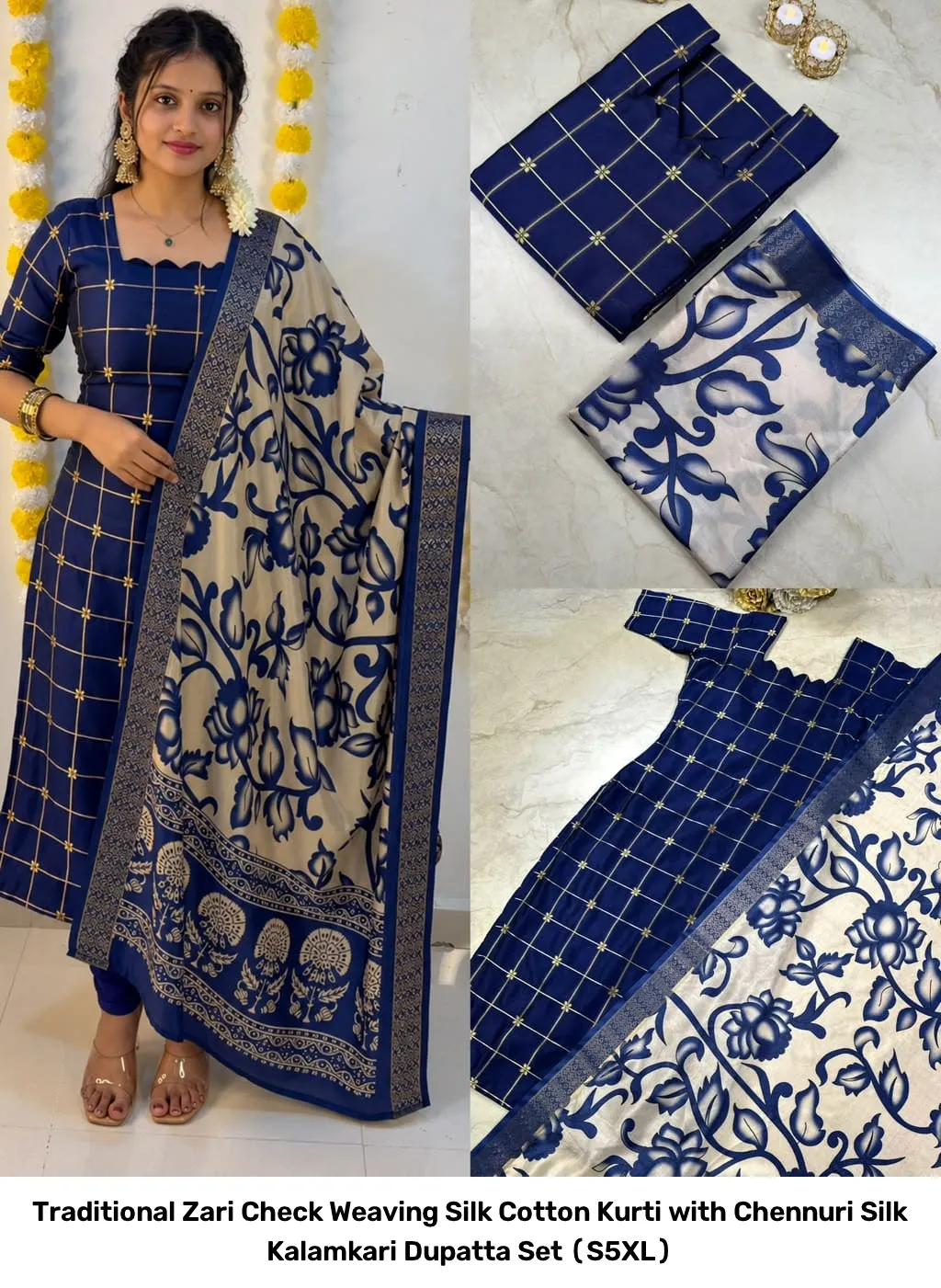 Traditional Zari Check Weaving Silk Cotton Kurti with Chennuri Silk Kalamkari Dupatta Set (S–5XL) 6