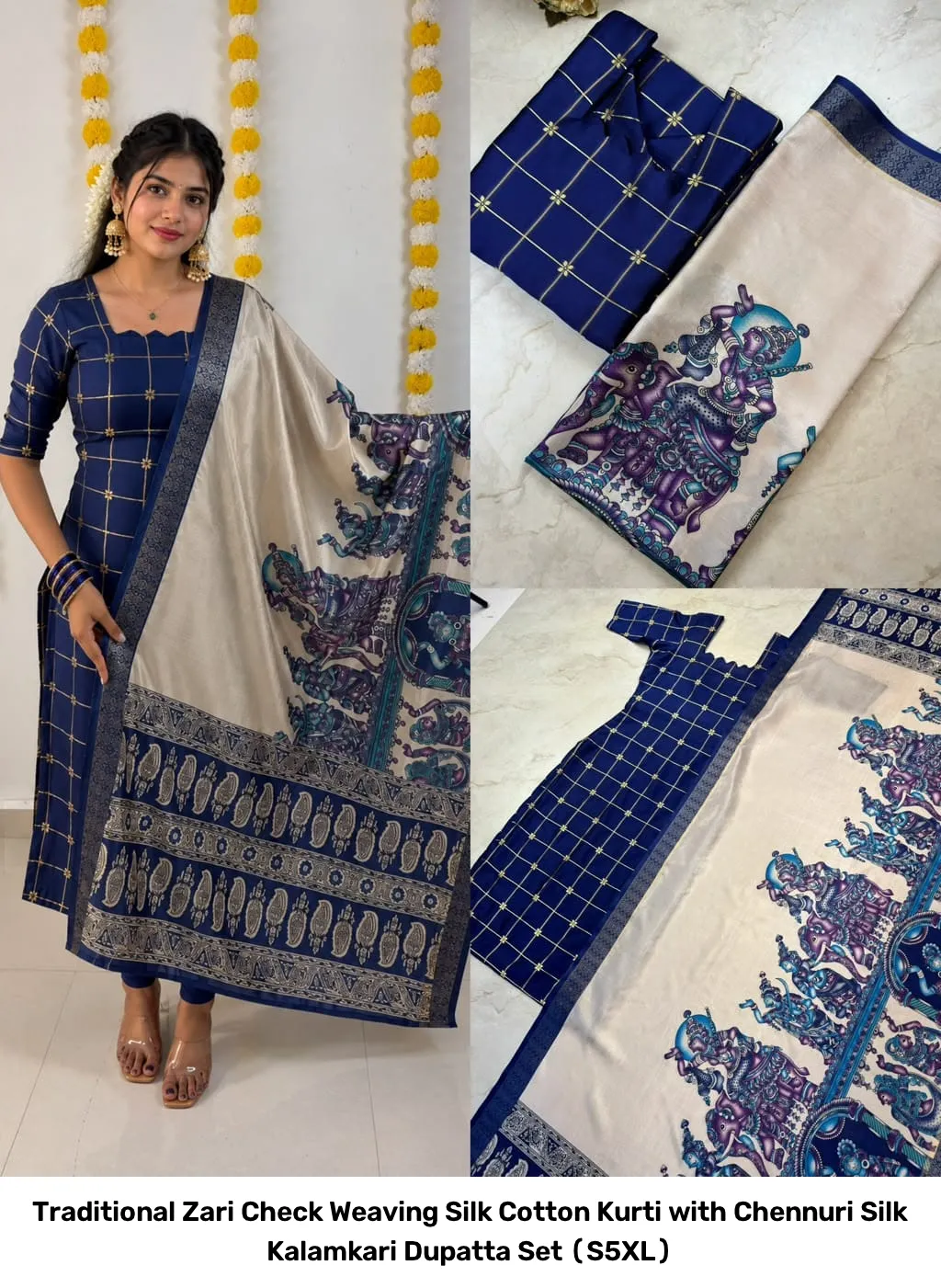 Traditional Zari Check Weaving Silk Cotton Kurti with Chennuri Silk Kalamkari Dupatta Set (S–5XL) 7