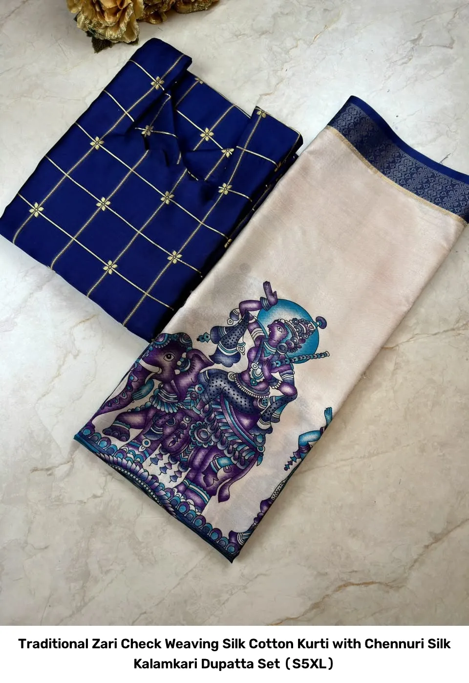 Traditional Zari Check Weaving Silk Cotton Kurti with Chennuri Silk Kalamkari Dupatta Set (S–5XL) 8