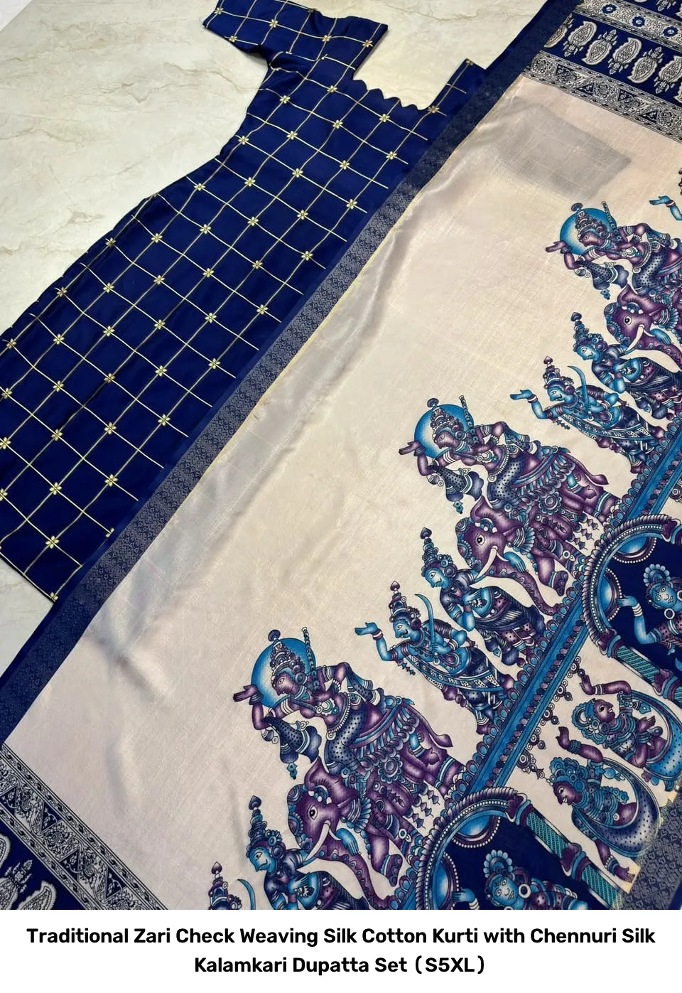 Traditional Zari Check Weaving Silk Cotton Kurti with Chennuri Silk Kalamkari Dupatta Set (S–5XL) 9