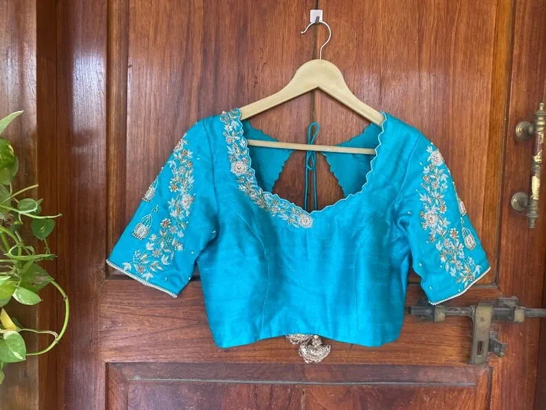 Turquoise Blue Raw Silk Maggam Work Blouse | Handcrafted Birdcage Jhumka Motif & Scalloped Back Saree Blouse