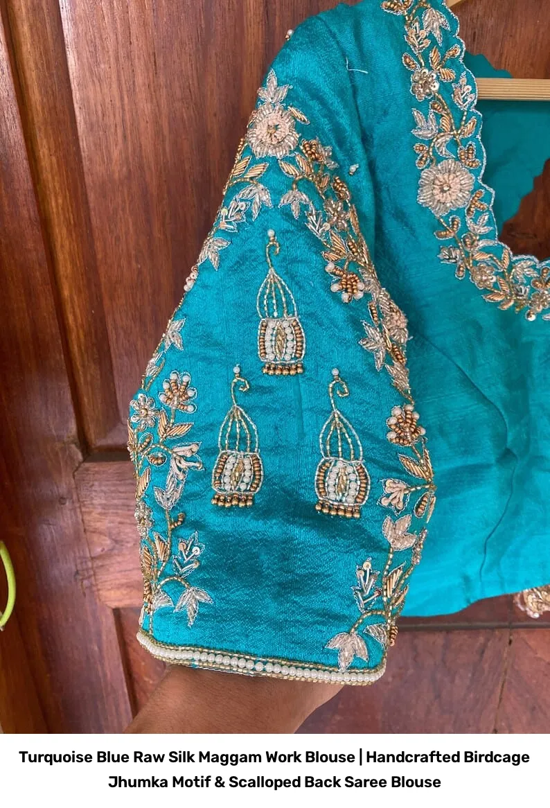 Turquoise Blue Raw Silk Maggam Work Blouse | Handcrafted Birdcage Jhumka Motif & Scalloped Back Saree Blouse 5