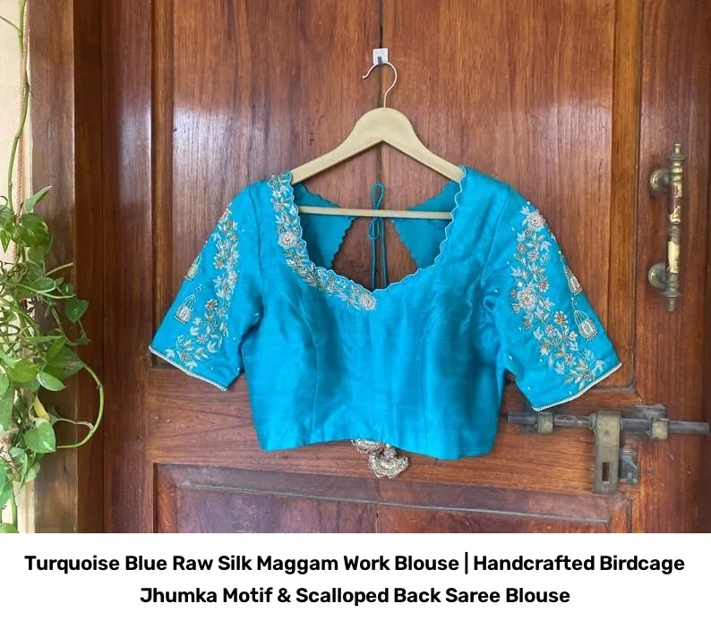 Turquoise Blue Raw Silk Maggam Work Blouse | Handcrafted Birdcage Jhumka Motif & Scalloped Back Saree Blouse 6