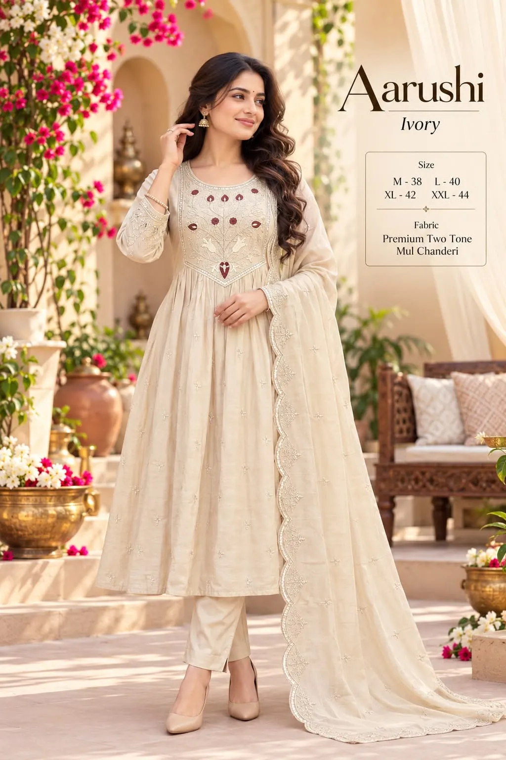 Two-Tone Mul Chanderi Embroidered Anarkali Suit Set with Scallop Dupatta & Pants | Festive Readymade 3-Piece Set 1