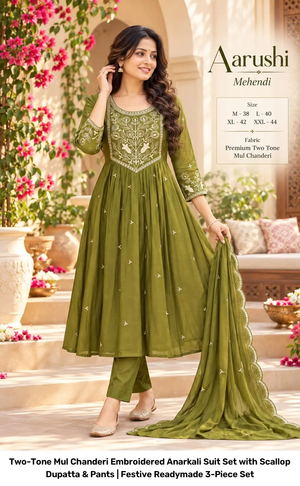 Two-Tone Mul Chanderi Embroidered Anarkali Suit Set with Scallop Dupatta & Pants | Festive Readymade 3-Piece Set 2