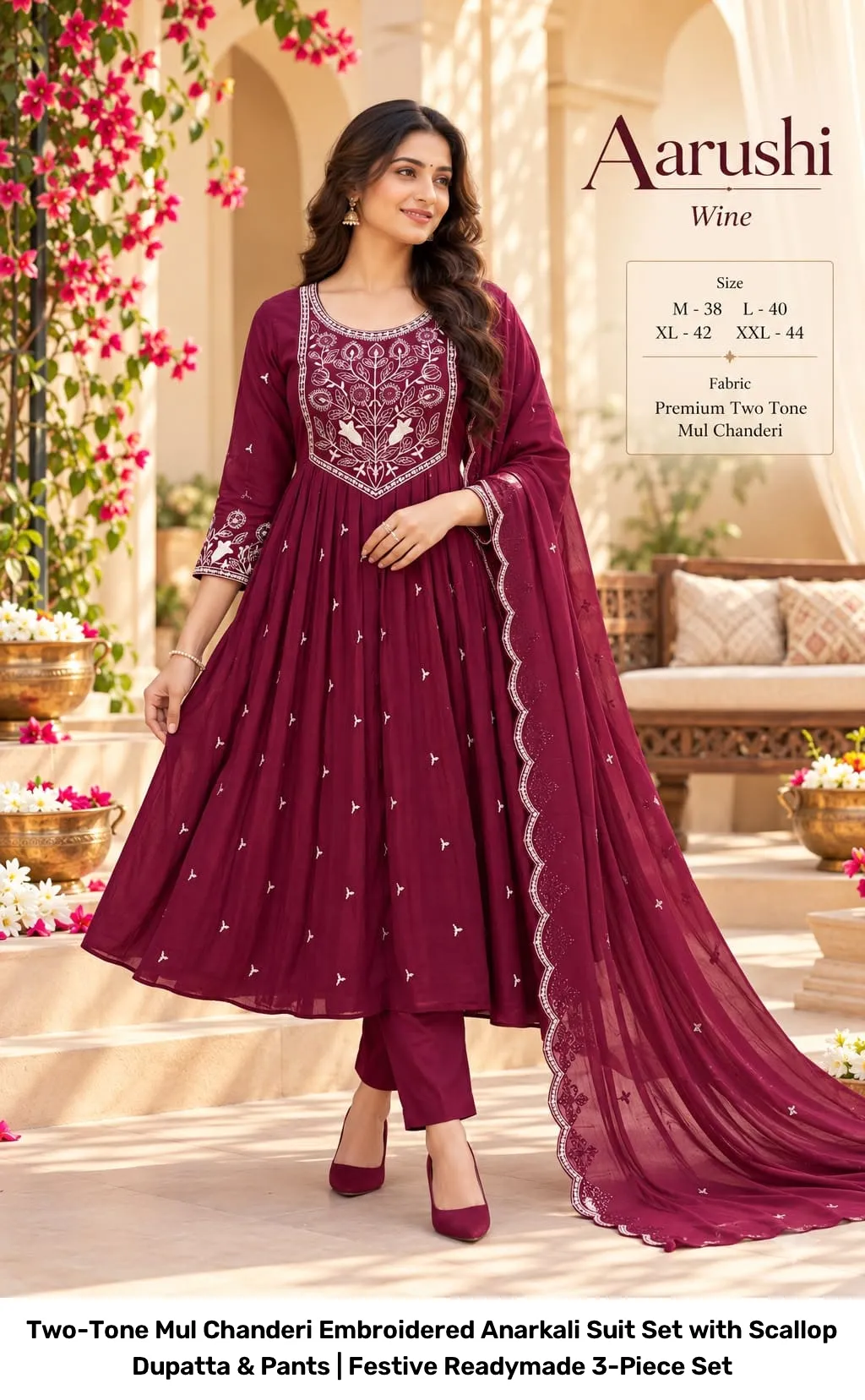 Two-Tone Mul Chanderi Embroidered Anarkali Suit Set with Scallop Dupatta & Pants | Festive Readymade 3-Piece Set 3