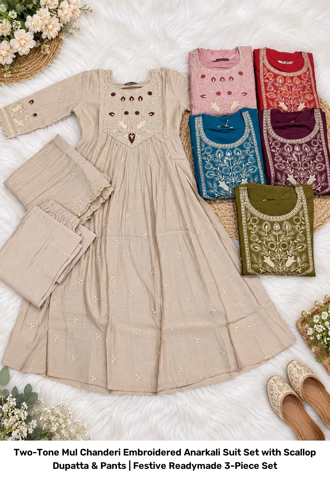 Two-Tone Mul Chanderi Embroidered Anarkali Suit Set with Scallop Dupatta & Pants | Festive Readymade 3-Piece Set 4