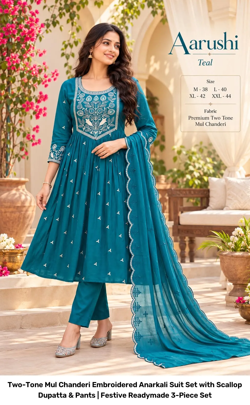 Two-Tone Mul Chanderi Embroidered Anarkali Suit Set with Scallop Dupatta & Pants | Festive Readymade 3-Piece Set 6