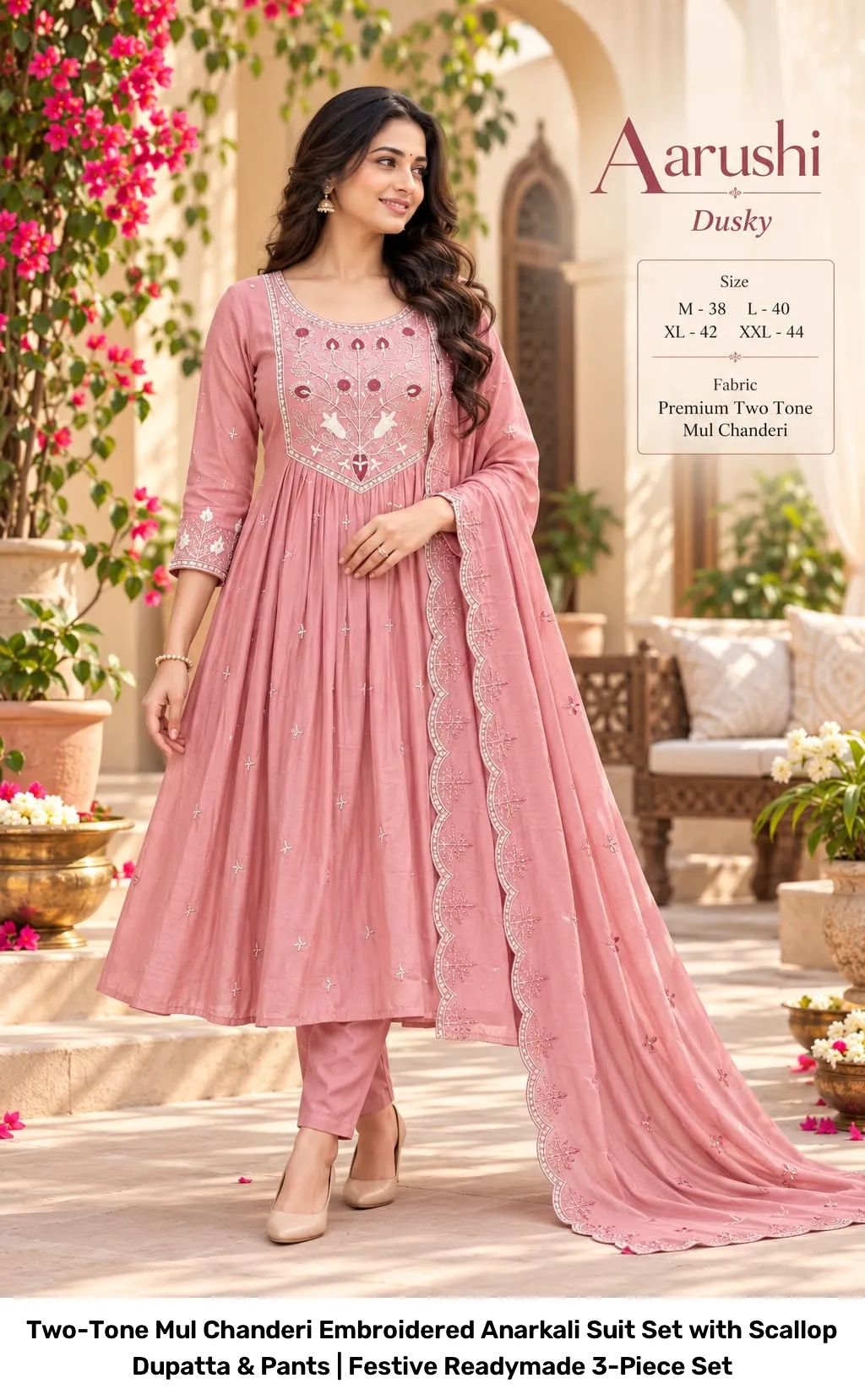 Two-Tone Mul Chanderi Embroidered Anarkali Suit Set with Scallop Dupatta & Pants | Festive Readymade 3-Piece Set 7