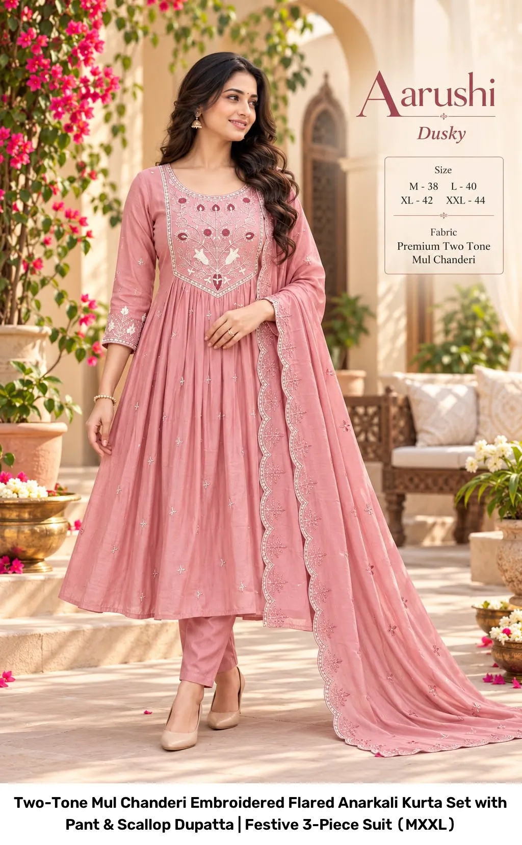 Two-Tone Mul Chanderi Embroidered Flared Anarkali Kurta Set with Pant & Scallop Dupatta | Festive 3-Piece Suit (M–XXL) 2