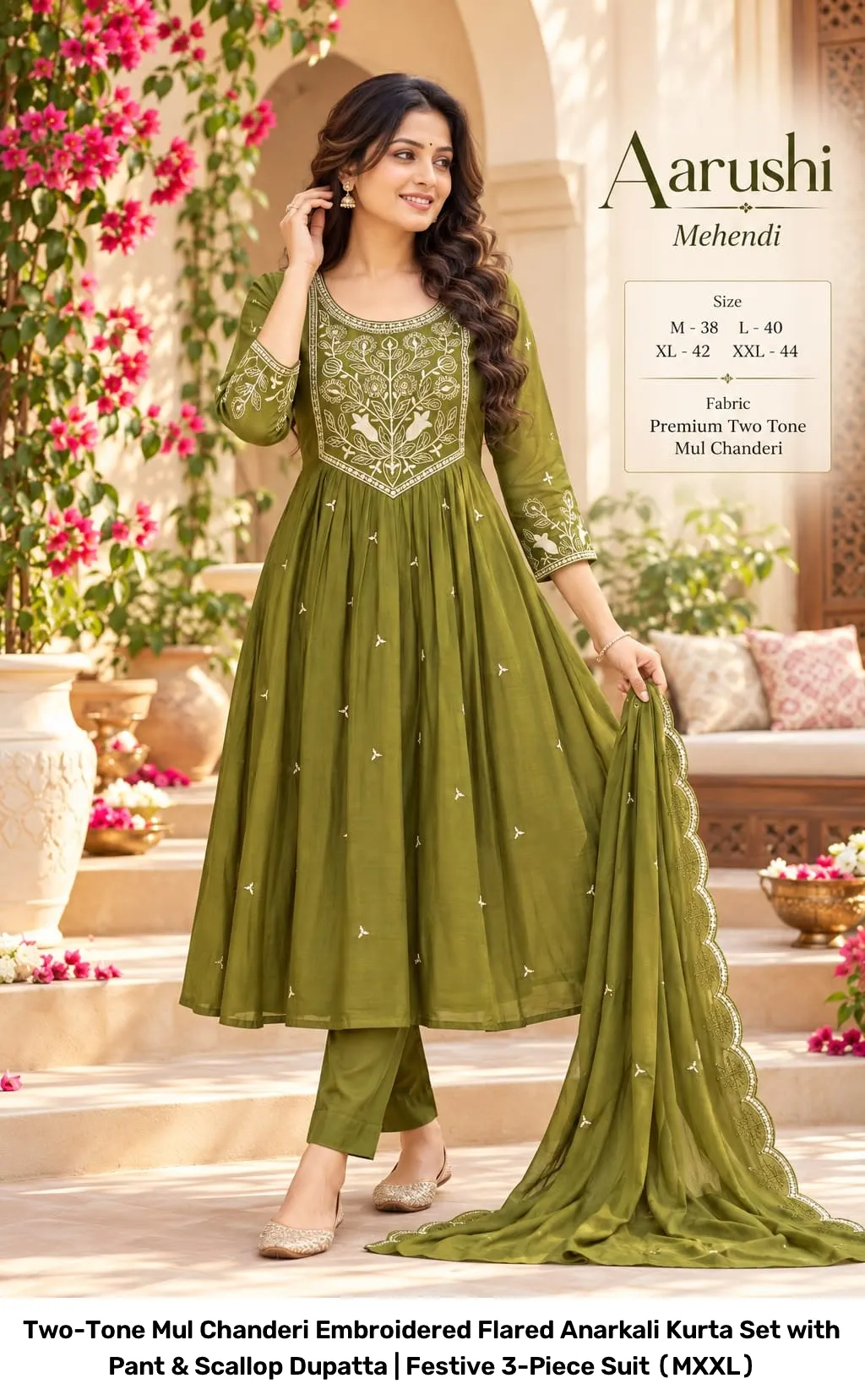 Two-Tone Mul Chanderi Embroidered Flared Anarkali Kurta Set with Pant & Scallop Dupatta | Festive 3-Piece Suit (M–XXL) 3