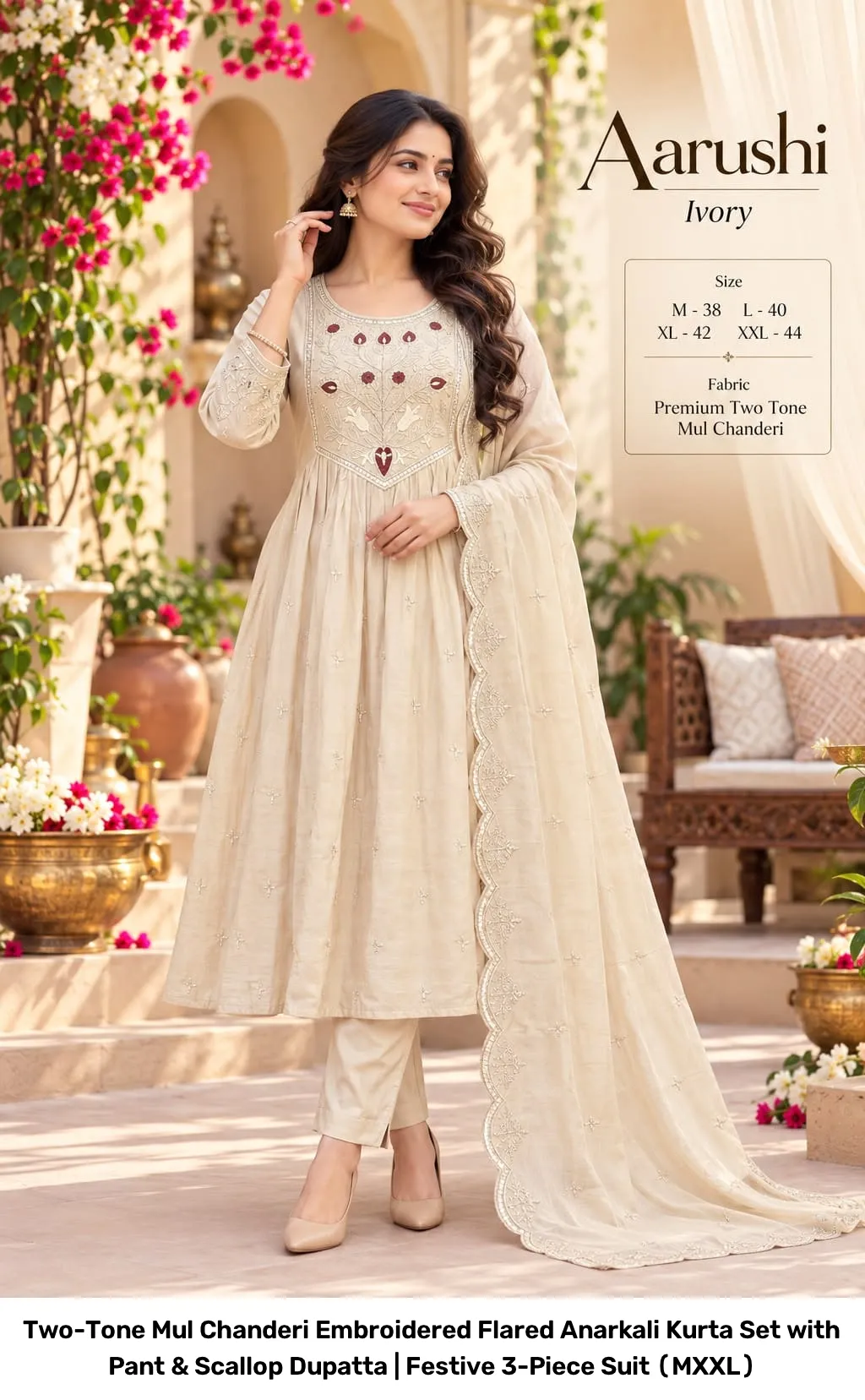 Two-Tone Mul Chanderi Embroidered Flared Anarkali Kurta Set with Pant & Scallop Dupatta | Festive 3-Piece Suit (M–XXL) 5
