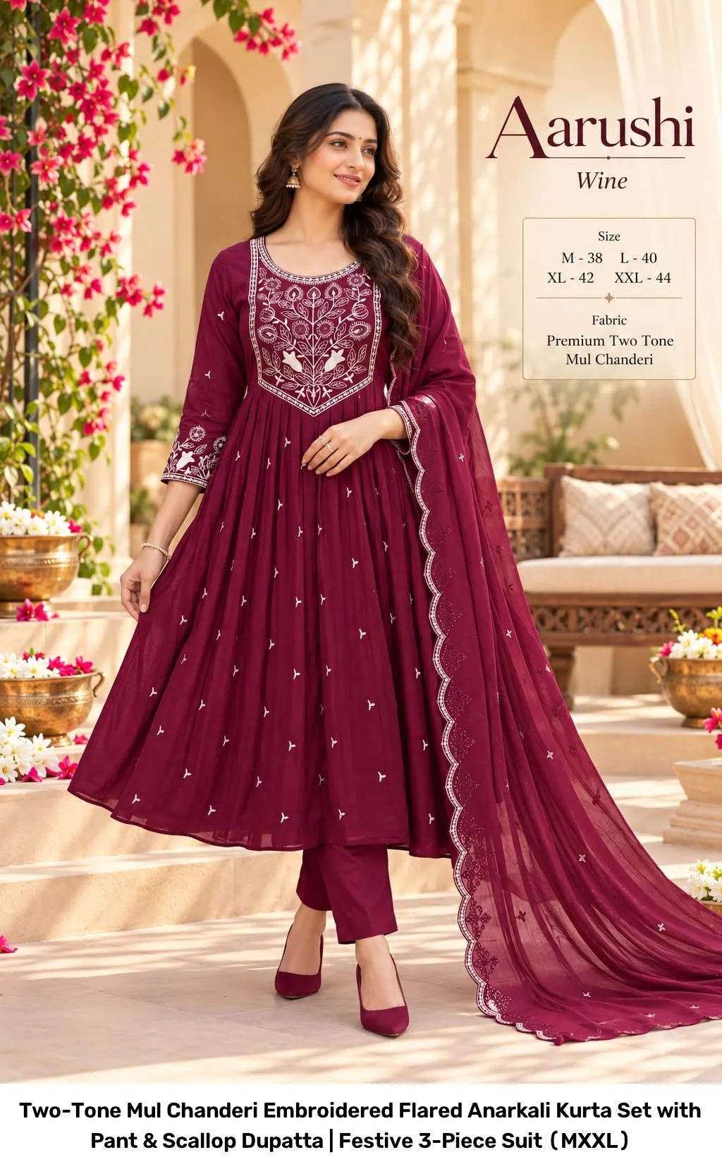 Two-Tone Mul Chanderi Embroidered Flared Anarkali Kurta Set with Pant & Scallop Dupatta | Festive 3-Piece Suit (M–XXL) 6