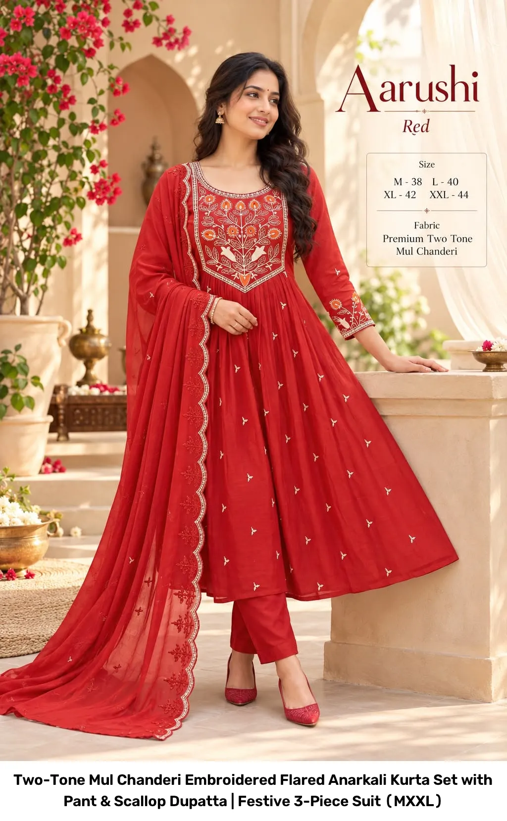 Two-Tone Mul Chanderi Embroidered Flared Anarkali Kurta Set with Pant & Scallop Dupatta | Festive 3-Piece Suit (M–XXL) 7