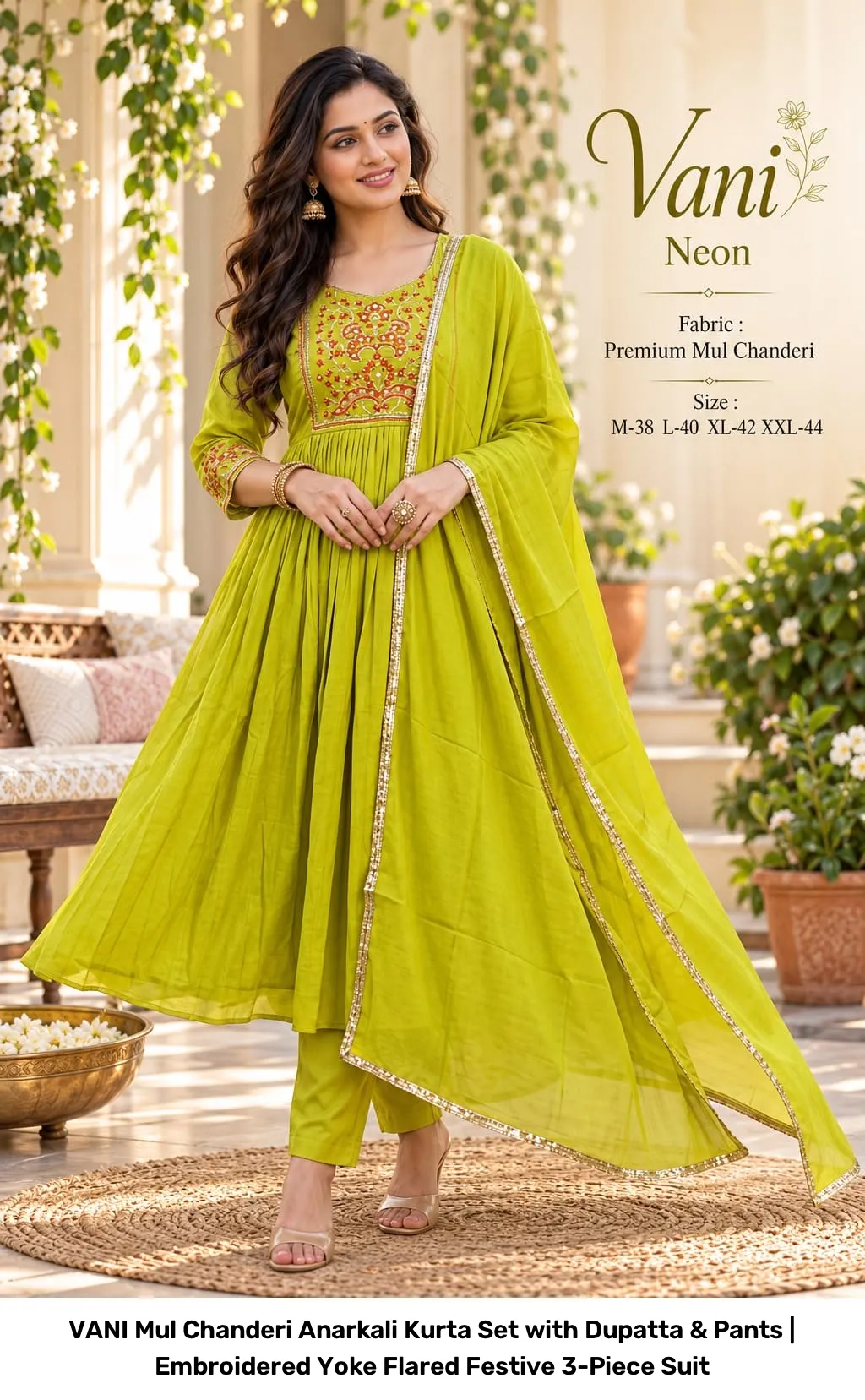 VANI Mul Chanderi Anarkali Kurta Set with Dupatta & Pants | Embroidered Yoke Flared Festive 3-Piece Suit 2