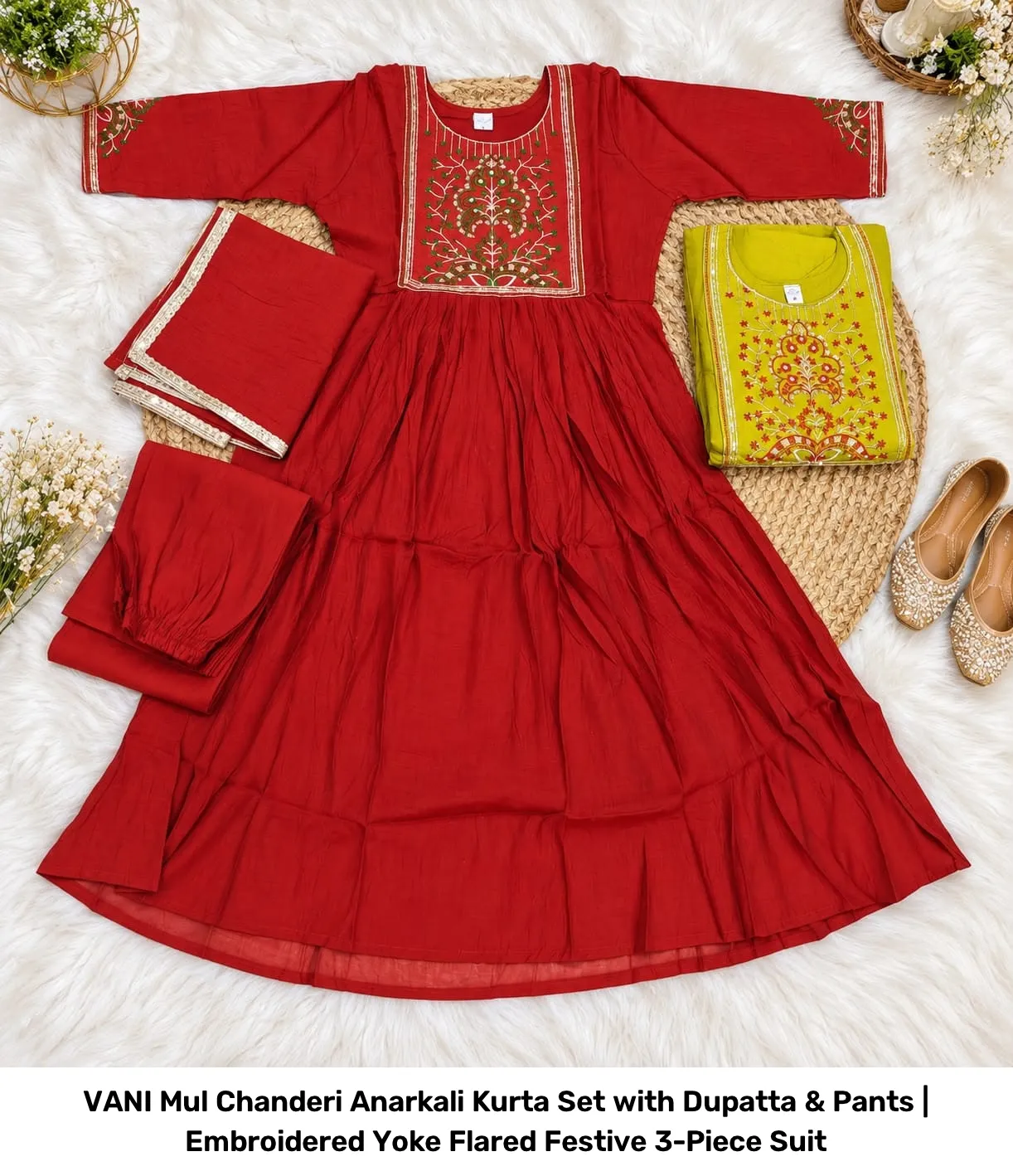 VANI Mul Chanderi Anarkali Kurta Set with Dupatta & Pants | Embroidered Yoke Flared Festive 3-Piece Suit 3